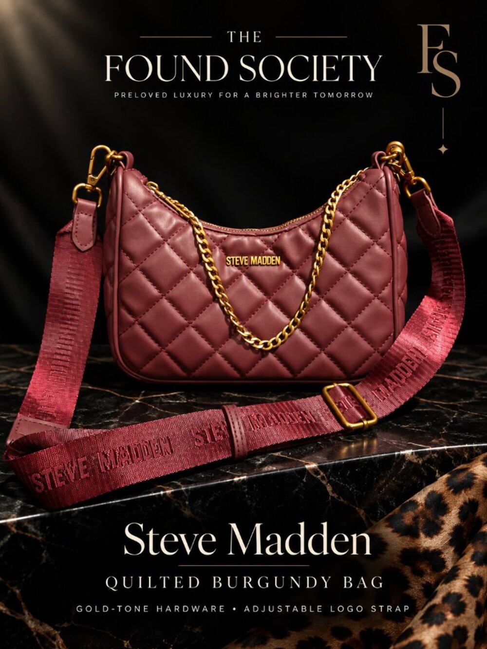 Steve Madden Burgundy Quilted Crossbody Shoulder Bag Gold Chain Logo Strap
